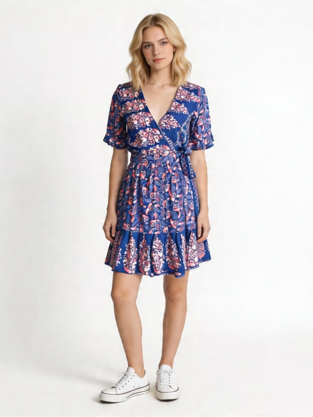 DEBBIE DABBIE | Blue & Pink Floral Print Wrap Mini Dress Sz 8